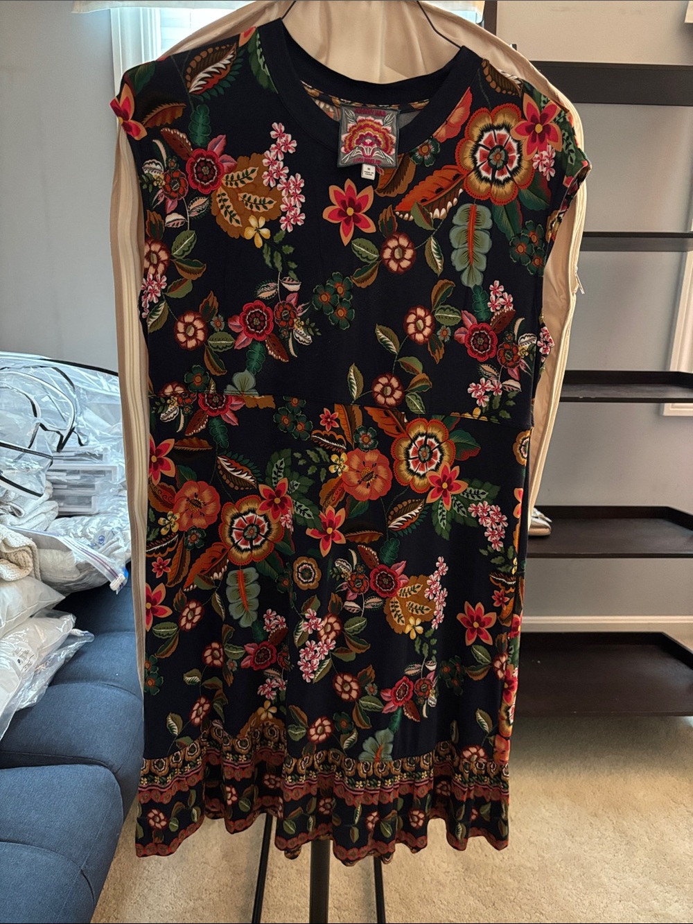 Johnny Was Black Midi Dress with Multicolor Floral Print